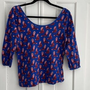 Anthropologie Y2K 9-H15 StCL Blue 100% Cotton Blouse Fox Print Women's Top MED
